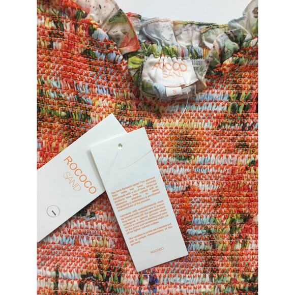 Rococo Sand Size Small Ruffle Smocked Floral Bodysuit Straps Orange‎ Sunset - Picture 6 of 12